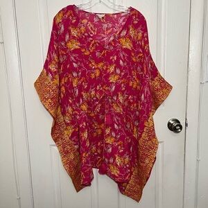 GARNET HILL Embroidered Kaftan Floral Cover-Up Popover V-Neck Dress | size Small